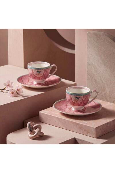 Sunumluxe Kuş Desenli Pembe 2’li Porselen Kahve Fincan Takımı