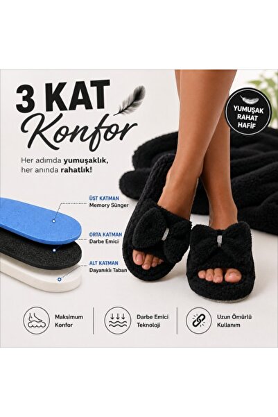 Black Flex Cozy Step 3-Layer Plush Slippers with Black Bow 36-41