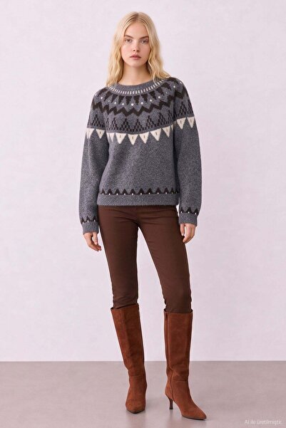 Quzu Crew Neck Patterned Knitwear Gray