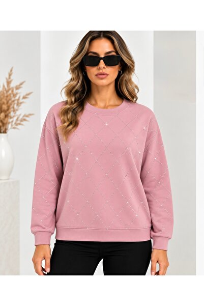 asil butik Kadın Taş İşlemeli Bisiklet Yaka Sweatshirt – Ön Arka Taşlı Desen ...