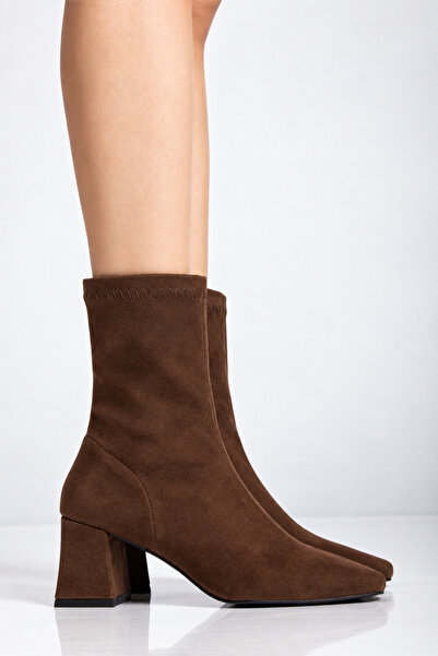 moun shoes Women's Brown Suede Stretch Ankle Mid-Heel Boots