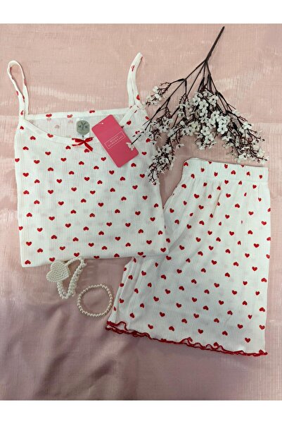 MH Moony Homewears 2'li Torre Minik Kırmızı Kalpli Şortlu Yazlık Pijama Takımı