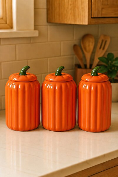 Woodcept. 3-Piece Orange Lid Striped Porcelain Jar Storage Set 600 Ml, Tea Su...