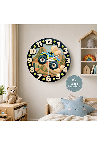 no26dekor 🕒 Canavar kamyon⭐ Sessiz Çocuk Duvar Saati 🎈 MDF Dekoratif Çocuk ...
