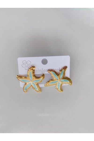 Ustaeller Steel Earrings - Starfish Turquoise Color Inlaised Gold Earrings