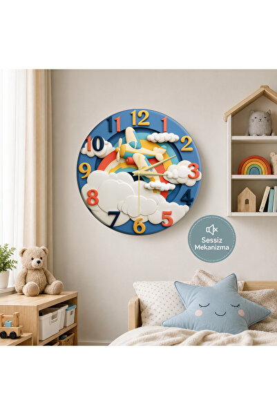 no26dekor 🕒 Uçaklı⭐ Sessiz Çocuk Duvar Saati 🎈 MDF Dekoratif Çocuk Odası Sa...