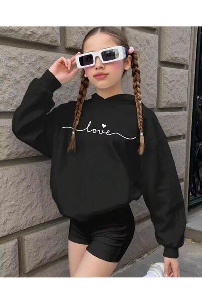 MORNİNG KİDS Hanorac negru cu glugă pentru fete, cu imprimeu LOVE