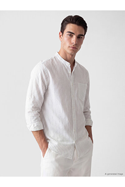 LC Waikiki Lcwaikiki Classic White Regular Fit Judge Collar Striped Poplin Me...