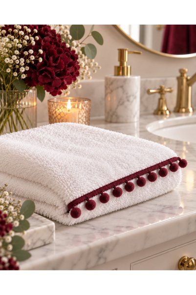 kubbe tekstil aksesuar 20 Meters of Burgundy Pom-Pom Ribbon – 1.1 cm Pom-Pom Ribbon – Towel Edge, Baby Blanket, Pillow, Curtain, and Decorative Textile Ornament