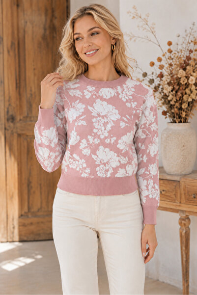 AQE FASHION Women's Round Neck Long Sleeve Floral Patterned Woven Detailed Co...