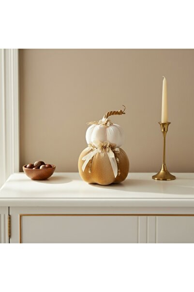 Ornament24 Dovleac decorativ dublu crem si maro cu flori si fundita, decorati...