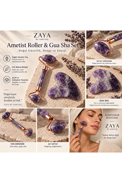 💜 Ametist Roller & Gua Sha Set – Doğal Taş Cilt Bakım Ritüeli