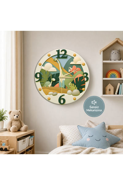 no26dekor 🕒 Dinozor Macerası⭐ Sessiz Çocuk Duvar Saati 🎈 MDF Dekoratif Çocu...