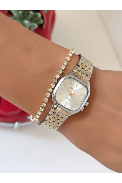 Ferrucci Steel Strap Square Case Waterproof Guaranteed Women's Wristwatch + Bracelet Gift