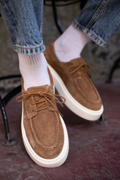 TETRİ Nova Model Genuine Leather Handmade Cinnamon Suede Casual Shoes