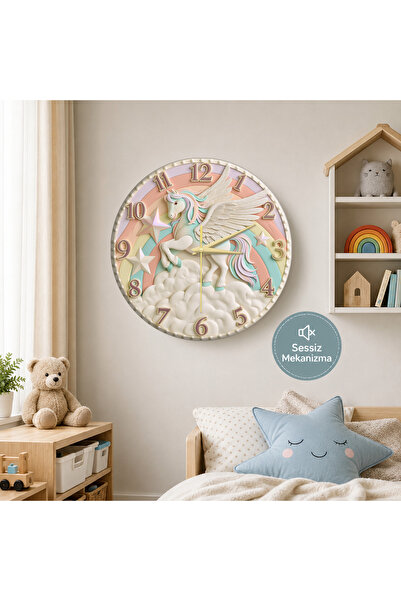 no26dekor 33cm🕒 Masalsı Pegasus⭐ Sessiz Çocuk Duvar Saati 🎈 MDF Dekoratif Ç...