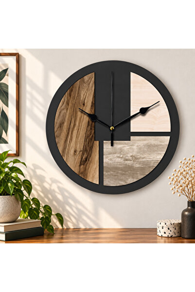 ROKH Dekoratif Duvar Saati 35 cm Modern Geometrik Siyah Ahşap Görünümlü Tasarım