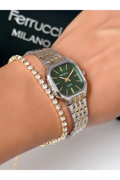 Ferrucci Steel Strap Square Case Waterproof Guaranteed Women's Wristwatch + Bracelet Gift