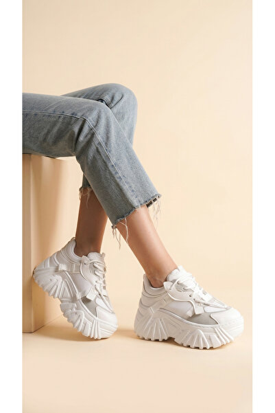 Moda Lime Leather Laced High Sole Casual Women's Sneaker Sports Shoes