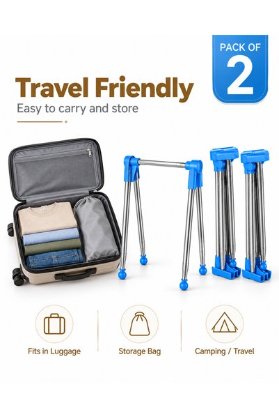 Generic 2 Pcs Portable Foldable Clothes Rack – Stainless Steel Travel Garment & Drying Rack, Adjustable Height & Width, Space Saving, Blue