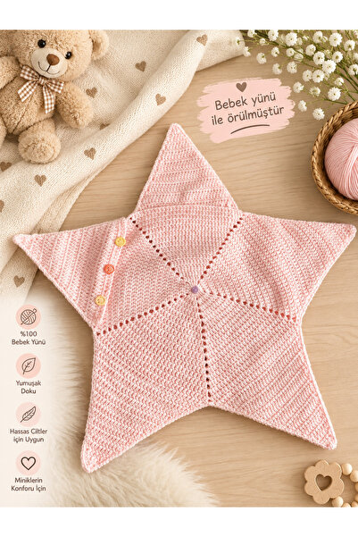shika Yenidoğan Bebek Örgü Tulum – Bebek Yünü El Örgüsü – Yıldız Model – Pudr...