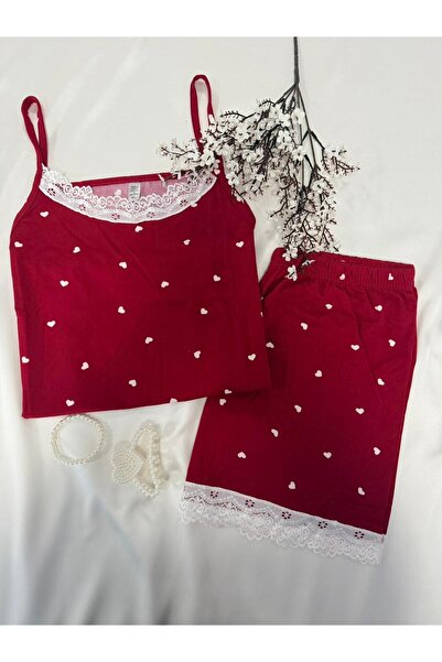 MH Moony Homewears 2-Piece Fetunya Burgundy Heart Combed Cotton Pajama Set wi...
