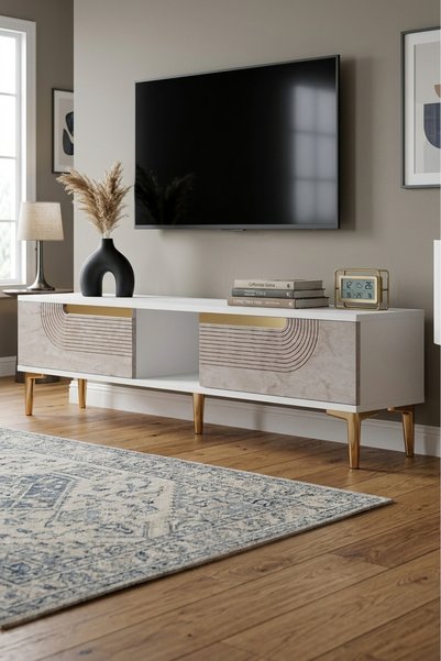 CENEYRA TSA1508BTG MEYRA TV Sehpası Beyaz-Traverten-Gold 150cm
