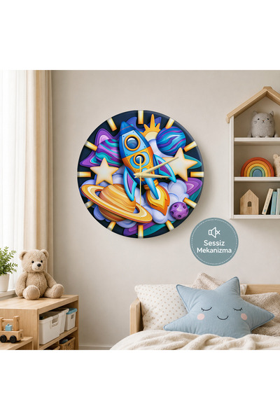 no26dekor 🕒 Uzay Temalı⭐ Sessiz Çocuk Duvar Saati 🎈 MDF Dekoratif Çocuk Oda...