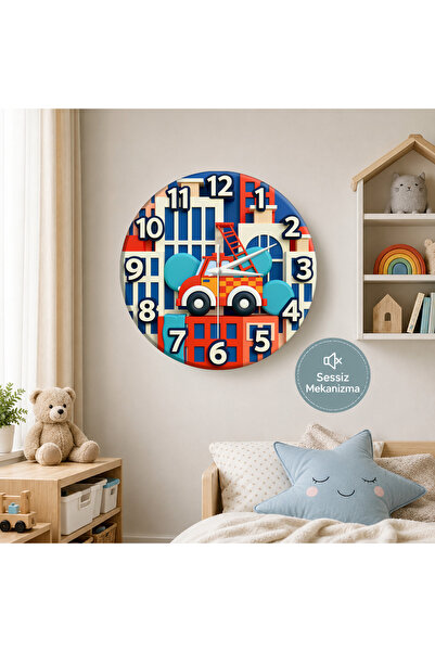 no26dekor 🕒 İtfaiye Temalı⭐ Sessiz Çocuk Duvar Saati 🎈 MDF Dekoratif Çocuk ...