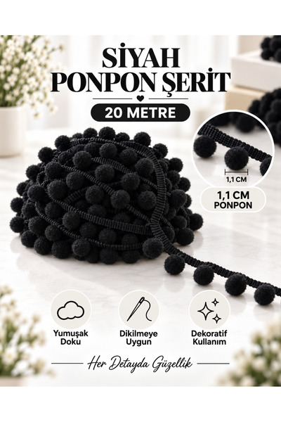 kubbe tekstil aksesuar 20 Metre Siyah Ponpon Şerit – 1,1 cm Ponponlu Şerit – ...