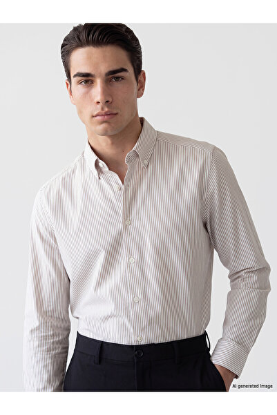 LC Waikiki Lcw Business Beige Slim Fit Striped Dobby Men's Shirt