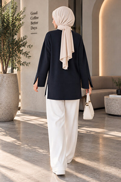 RuyaMood Kadın Füme Modal Kumaş Yırtmaç Detaylı Bisiklet Yaka Oversize Tesettür Tunik