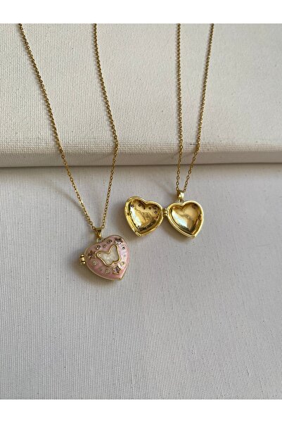 COLLECTİON Kalpli üstü kelebek modelli butterfly heart locket kolye kapaklı ç...