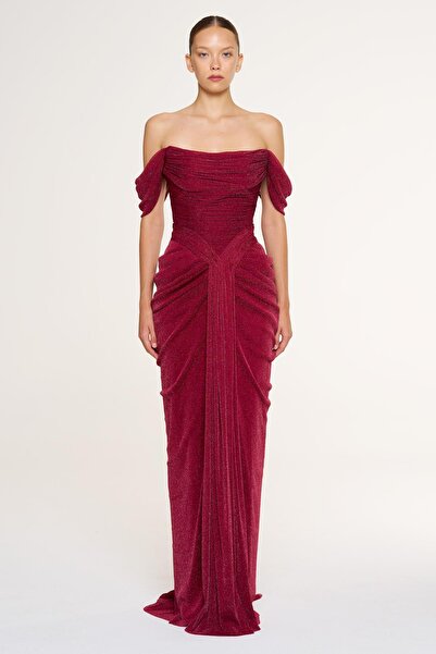 cercis Düşük Omuz Ön Drape Detaylı Abiye Elbise