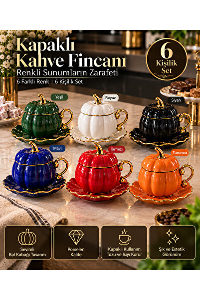 Genel Markalar 6 Kişilik Bal Kabağı Tasarımlı Kapaklı Porselen Kahve Fincanı ...