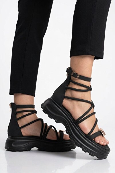 Voyager Black Genuine Leather Women's Thick-Soled Sandals with Adjustable Ank...