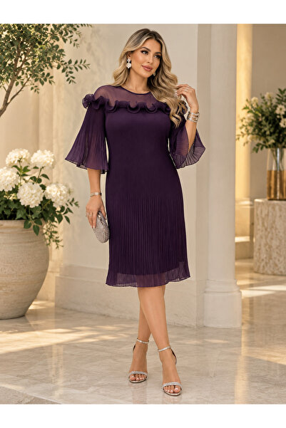 Divin store Rochie Plisată prună din Voal Șifon cu Mâneci Vaporoase