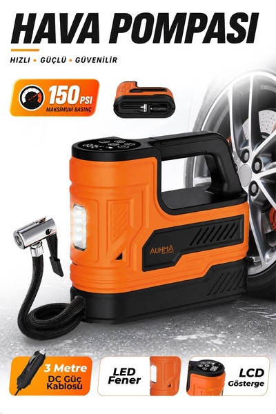 auhma A7788 150 PSI Dijital Araç Lastik Şişirme Hava Kompresörü Turuncu – 12V...