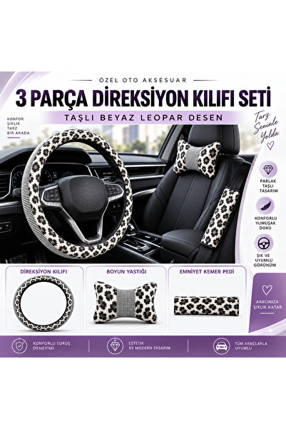 Adıfeks Leopar Desenli Taşlı Direksiyon Kılıfı 3’lü Set – 1 Boyun Yastığı + 1...