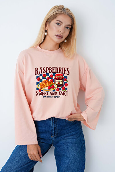 herkesemoda Kadın Raspberry Baskılı Geniş Kollu Oversize Body