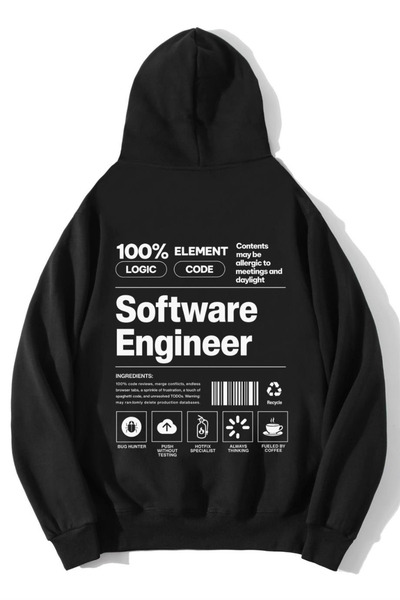 BRZ COLLECTION Unisex Oversize Software Engineer Hoodie Siyah