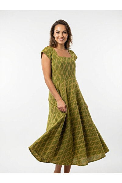 Generic Brand Rochie ampla midi din bumbac Ikat, verde fistic, marime M