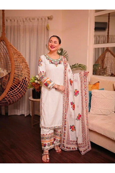 MYSMAR White French Crepe Embroidered Three-Piece Suit Set - HRT9702 | White-...