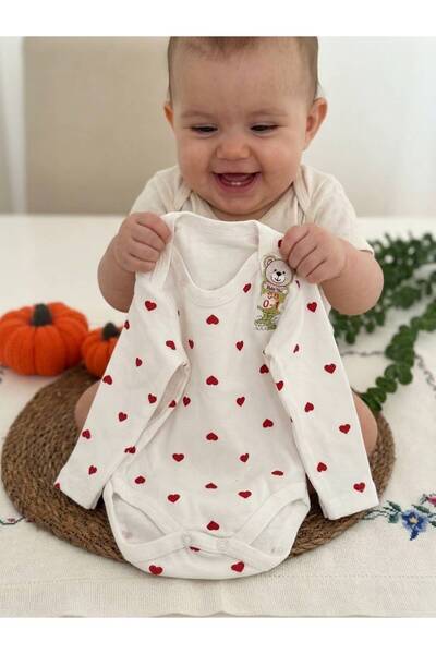 Kız Bebek %100 Pamuk Kırmızı Kalp Desenli Uzun Kollu Body Zıbın