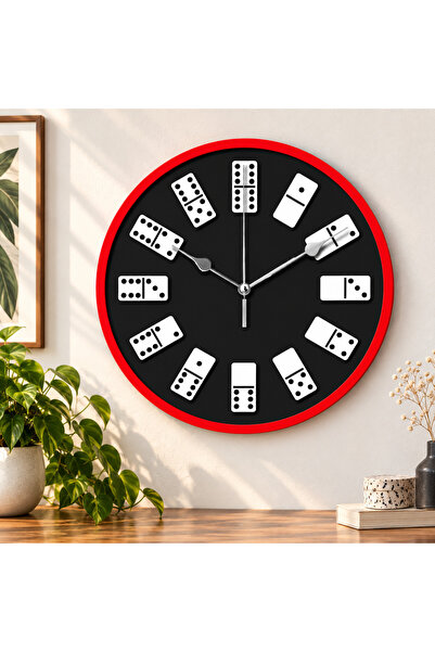 ROKH Dekoratif Duvar Saati 35 cm Domino Taşlı Siyah Kırmızı Modern Tasarım