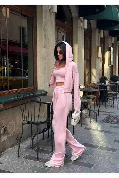 EVOA Women's Pink Lace Detailed Hooded Crop Cardigan Palazzo Trousers 3-Piece Set