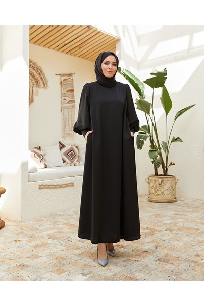 Mürdüm butik Manşeti Fermuarlı Balon Kol Mevlana Elbise-Siyah