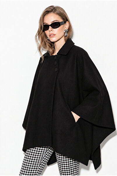 Bianco Lucci Women's Asymmetrical Button Detailed Pocketed Cashmere Cape Ponc...