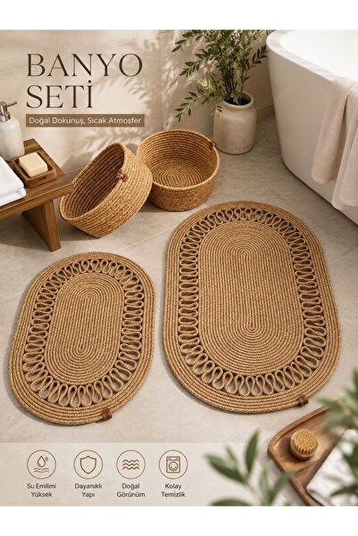 EYLCOTTON Jüt Hasır Banyo Paspası Klozet Takım Set ( 40X60 Ve 50X80 cm Paspas...