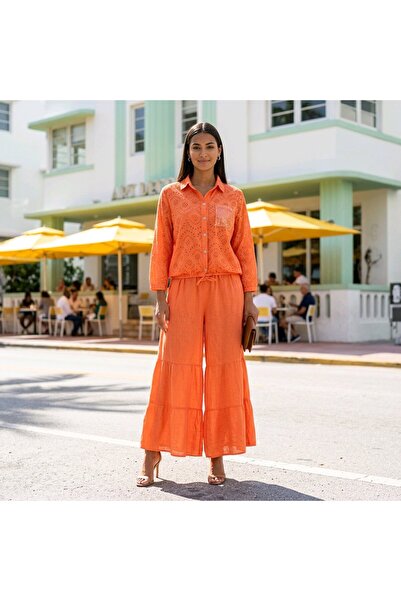 Park Moda Women's Orange Scalloped Sequin Pocketed Buttoned Linen Textured Wa...